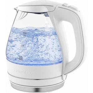 OVENTE Electric Kettle, 1.5L Borosilicate Glass Countertop Water Heater and Boiler for Coffee or Tea, BPA-Free, Auto Shut-Off, Boil-Dry Protection, Removable and Washable Spout Filter, White KG83W (1.6 Quarts)