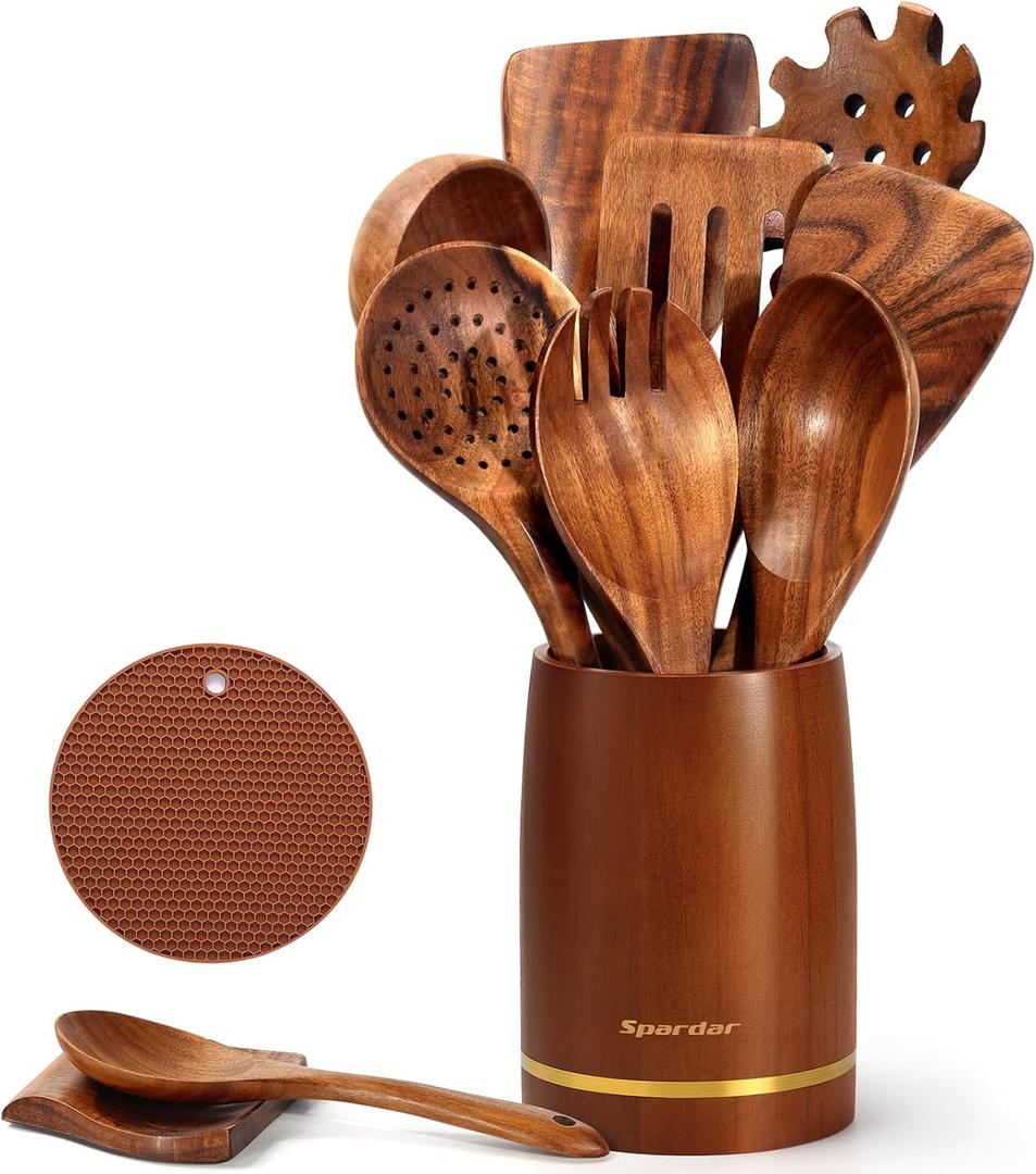 Spardar Wooden Kitchen Utensils, 12 Piece Set Wooden Spoon Set with 9 Teak Wood Cooking Spoons, Spoon Rest, Pot Holde, 3.3 Inch Utensil Holder, as Kitchen Decoration and Housewarming Gift