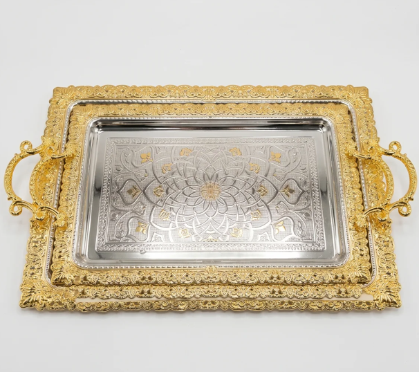 2 Pack Metal Serving Trays, Rectangle, Gold