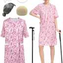 Cupohus Women's Old Lady Wig Costume Set, 100 Days of School Adult Granny Dress Cosplay, Grey Wig, Cane, Floral Dress Outfit (Small/Medium, Pink)