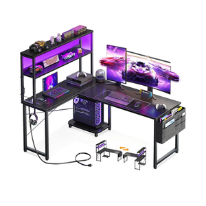 AODK L Shaped Desk Gaming Desk with LED Light & Power Outlet, 53 Inch Reversible L Shaped Computer Table with Shelf & Storage Bag & Hook for Home Office, Black