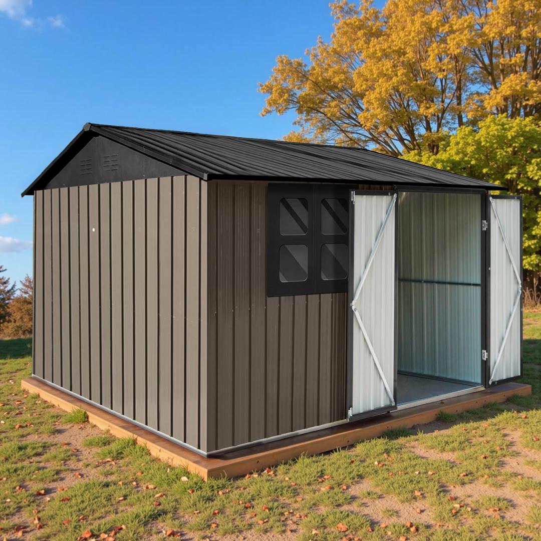 8' x 6' Outdoor Storage Shed, Sturdy Metal Building w/Windows & Lockable Doors for Garden, Backyard, Poolside and Lawn, Brown