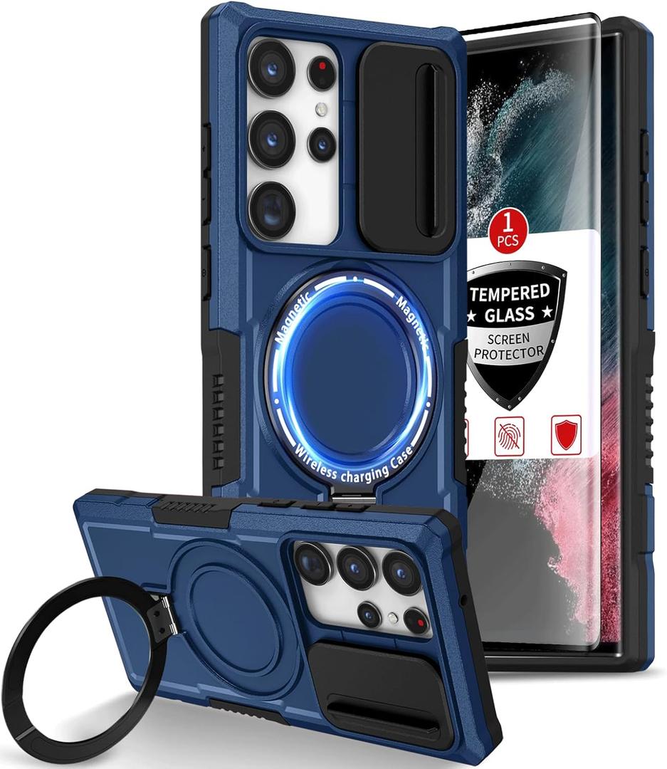 for Samsung Galaxy S22 Ultra Case Compatible with MagSafe Magnetic,with Screen Protector,Built-in Camera Cover,with Ring Stand Military Grade Drop Heavy Duty Protection Shockproof Phone Blue