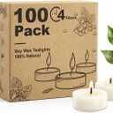 Unscented Soy Tea Lights Candles 100 Pack Bulk, 4 Hours Long Burning White Tea Lights,Non-Paraffin, Smokeless, Mini Tealight Votive Candles for Wedding, Table Centerpiece, Christmas Lights