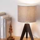 EDISHINE Boho Small Table Lamp, Walnut Color Wooden Tripod Bedside Lamp, Farmhouse Nightstand Lamp for Nursery, Bedroom, Office, Kid Room, Living Room, Grey Linen Lampshade, E26 Socket, 14.2 Inch
