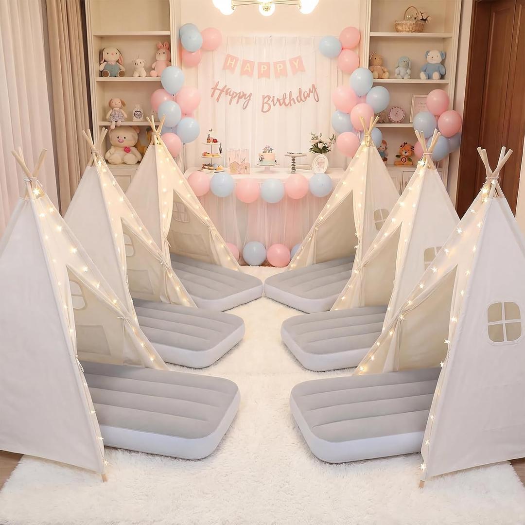 Wilwolfer 6 Pack Kids Teepee Tent Bulk with Inflatable Airbed & Light, Natural Toddler Play Tent for Girls Boys Indoor Sleepover Slumber Party Birthday Gifts (White)