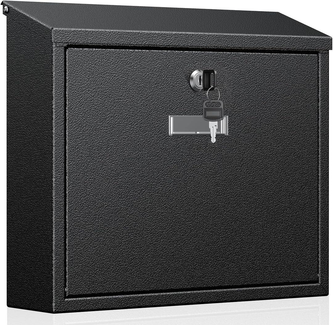 Uniclife Wall Mount Mailbox for Outside, Large Locking Mailbox with Key Lock, Security Mail Box, Postbox for House, Safe Key Drop Case, Steel Cash Drop Case for Home Office School, Black