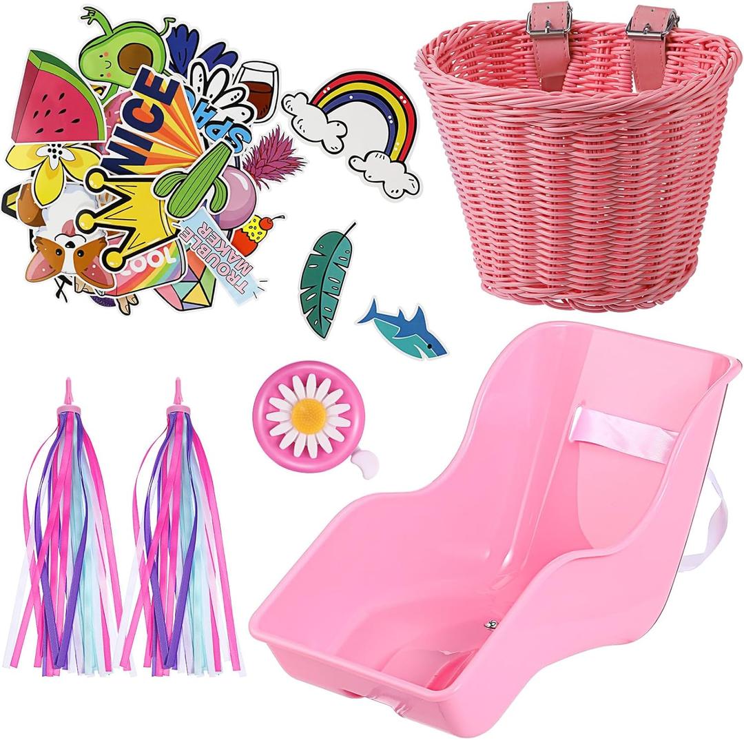 Doll Bike Seat with 30 Pcs Stickers Decals Bike Basket for Kids Bike Handlebar Streamers Colorful Ribbons Tassel Daisy Bike Bell for Girls Boys Bike Accessories Christmas Kids Gift (Pink)
