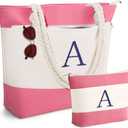 YOOLIFE Beach Bags for Women - Initial Canvas Tote Waterproof Bag with Makeup Bag Gifts for Women Mom Friend Birthday Her (Pink)