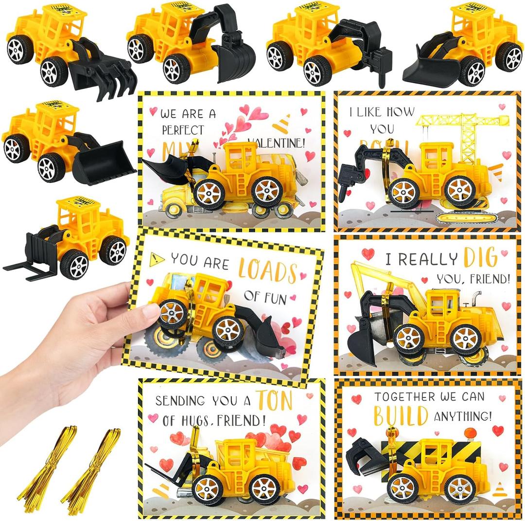 30 Sets 30 Sets Valentines Day Gifts for Kids Construction Vehicle Toys Valentines Cards Construction Truck Classroom Exchange Greeting Cards for for Boys Girls Party Favor (vintage style)