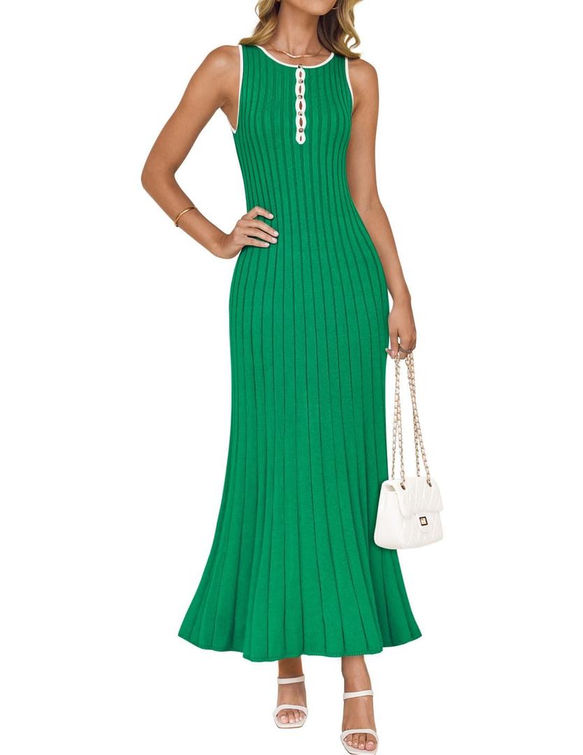ZESICA Womens 2026 Summer Long Maxi Dress Sleeveless Crew Neck Hollow Out Pleated Ribbed Knit Swing Tank Dresses,Green,Large