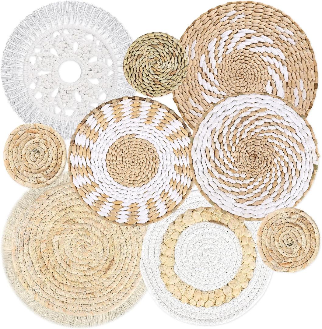 MJOGGOTT 9 Pcs Boho Wall Basket Decor Hanging Woven Wall Basket Art Decor Rattan Wicker Seagrass Home Round Tassels White Macrame Tapestry Baskets Decoration for Kitchen Home Farmhouse Decoration (Light color)