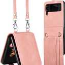 ZCDAYE Wallet Case for Samsung Galaxy Z Flip 4 5G, Leather Case with Card Holder and Long Lanyard - Pink