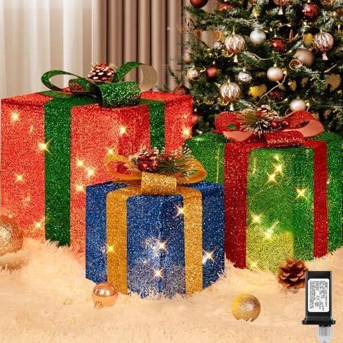 Brightever Set of 3 Christmas Lighted Gift Boxes for Christmas Porch Decor - 10" 8" 6", Plug-in Xmas Present Box in 3 Colors with 70 LED Mini String Lights, Vintage Ornaments Set for Tree Fireplace