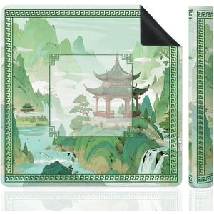 Green Chinoiserie Mahjong Mat for Table, Traditional Oriental Pavilion Chinese Landscape 31.5" x 31.5" Non-Slip & Noise Reduction Mahjong Mat for Poker Dominoes Cards & Board Games