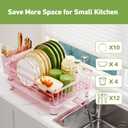 Dish Drainer Rack with Drip Tray, Sink Dish Drainer with Drainage Spout, Stainless Steel Dish Drying Rack with Cups, Utensil & Cutting Board Holders for Kitchen Counter Space-Saving, Pink