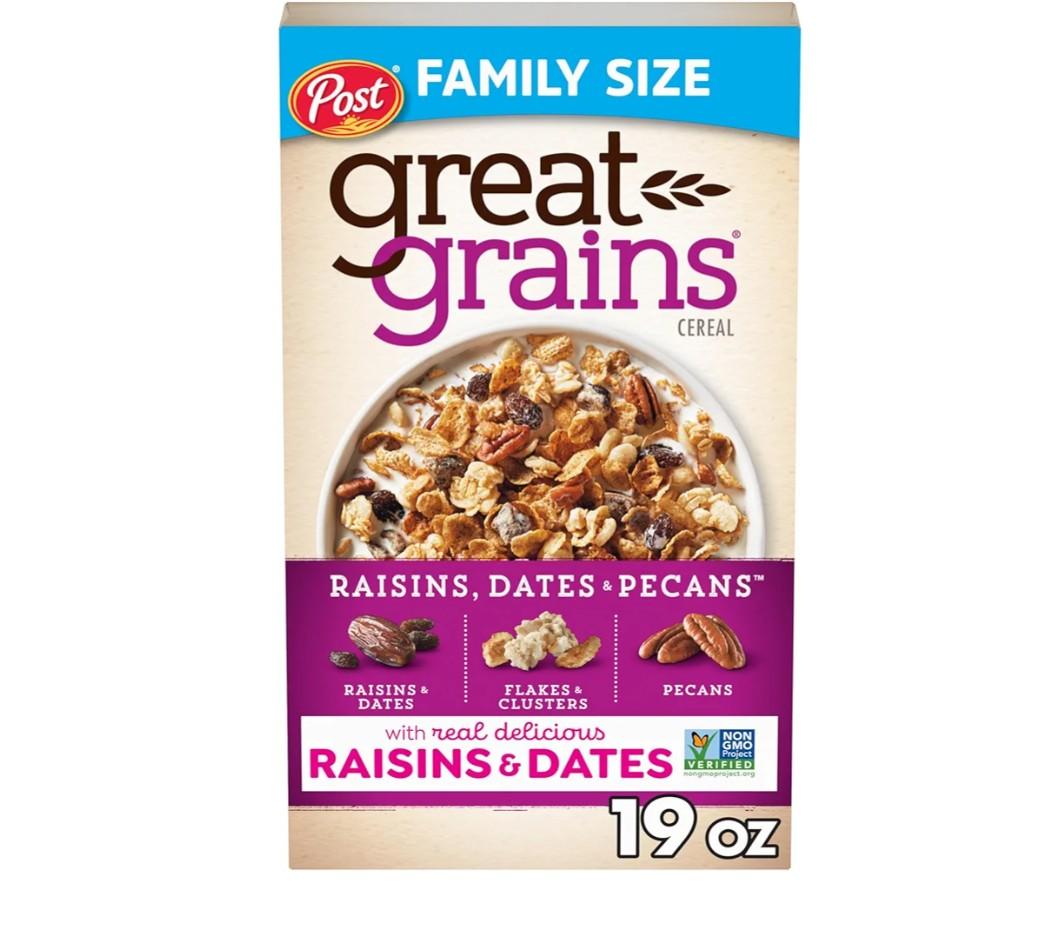 Great Grains Raisins, Dates & Pecans Breakfast Cereal for Adults, Crunchy Clusters with Dried Fruit and Nuts, Non-GMO, Heart Healthy, 19 oz Box, exp sep 18 2025