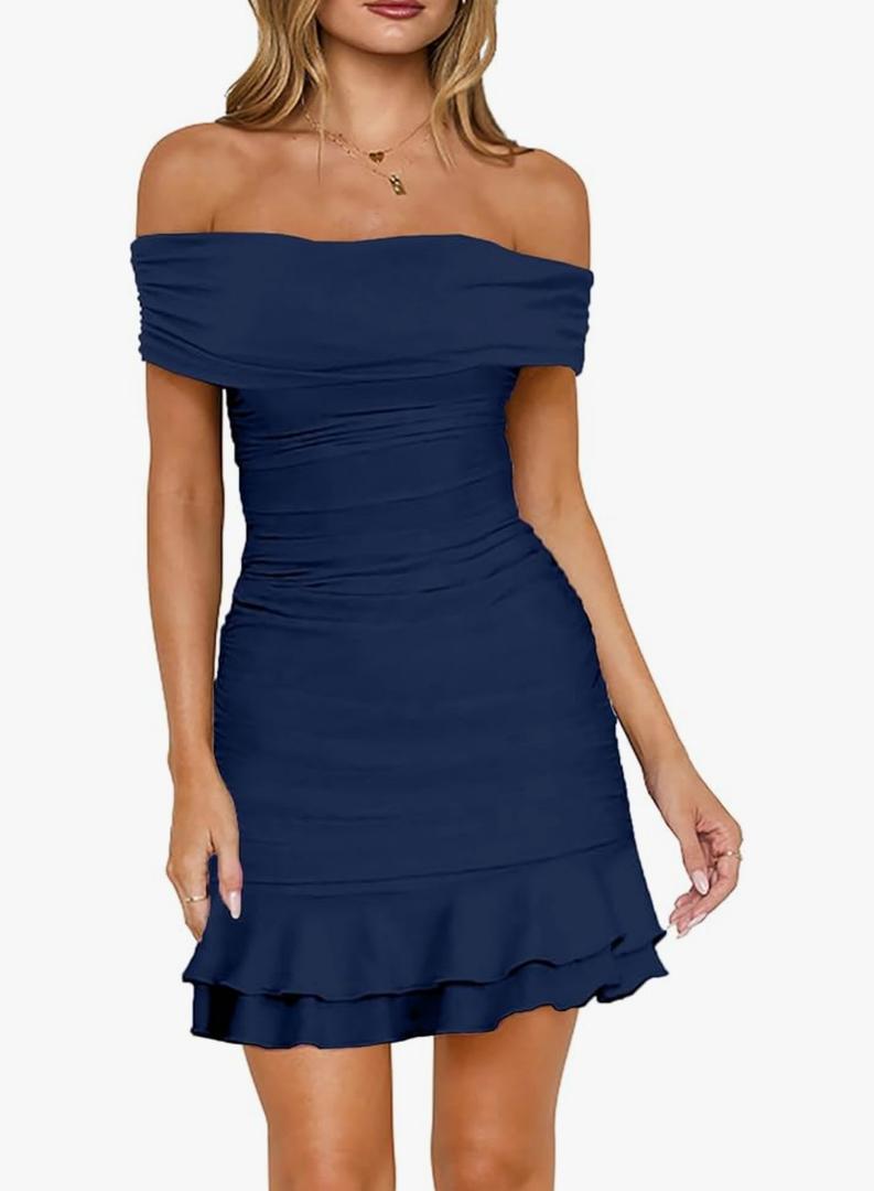 HYPERFIRE Women's Off The Shoulder Ruched Bodycon Dress Short Sleeve Ruffle Mini Dresses Cocktail S HYPERFIRE Women's Off The Shoulder Ruched Bodycon Dress Short Sleeve Ruffle Mini Dresses Cocktail S