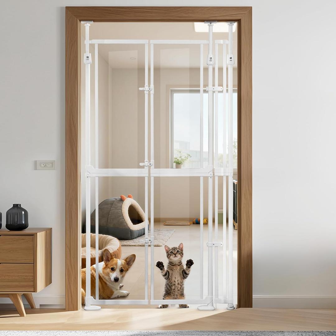 74.80-98.43'' Extra Tall Cat Gate, Adjustable 33.86 and 41.7" Wide, Transparent Full Door Pet Gate, Auto Close No Drilling Cat Proof Safety Gate for Doorway Stairs- White