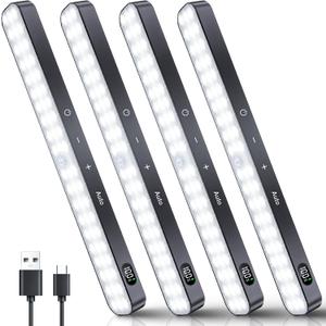 Ferswe Closet Lights Motion Sensored, Battery Level Display, Under Cabinet Lights Rechargeable, Dimmable Touch Control, 60 LED Motion Sensor Cabinet Light for Kitchen, Closet, Shelf(4 Pack) (Cool White 6000K)