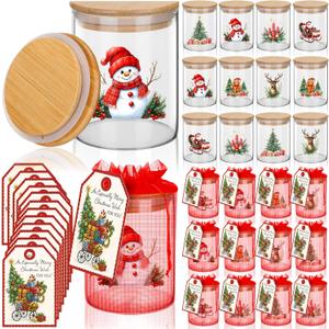 Yungyan 12 Set Christmas Glass Storage Jars with Airtight Lid 17oz Candy Jar Gingerbread Snowman Canister Containers Sets Xmas Cookie Jars with Cards and Organza Bags Winter Countertop Decoration Gift