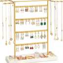 Pinzoveco Jewelry Organizer, 4 Tier Earring Holder Organizer with Base Tray, Jewelry Holder Organizer Stand for Necklaces Holder, Rings, Bracelets, Jewelry Display and Storage (Golden and White)
