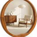 30 Inch Warm Walnut Round Wood Bathroom Mirror, Wavy Inner Edge