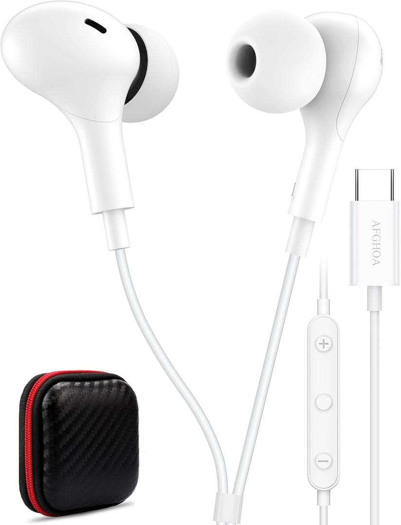 USB C Headphone for Samsung S26 S25 FE S24 A16 A17 Wired Earbuds Magnetic in-Ear Type C Earphone with Microphone Volume Control Bass Stereo Noise Canceling for iPhone 17 Pro Max 16 16e 15 Pixel 10a 9a (White)
