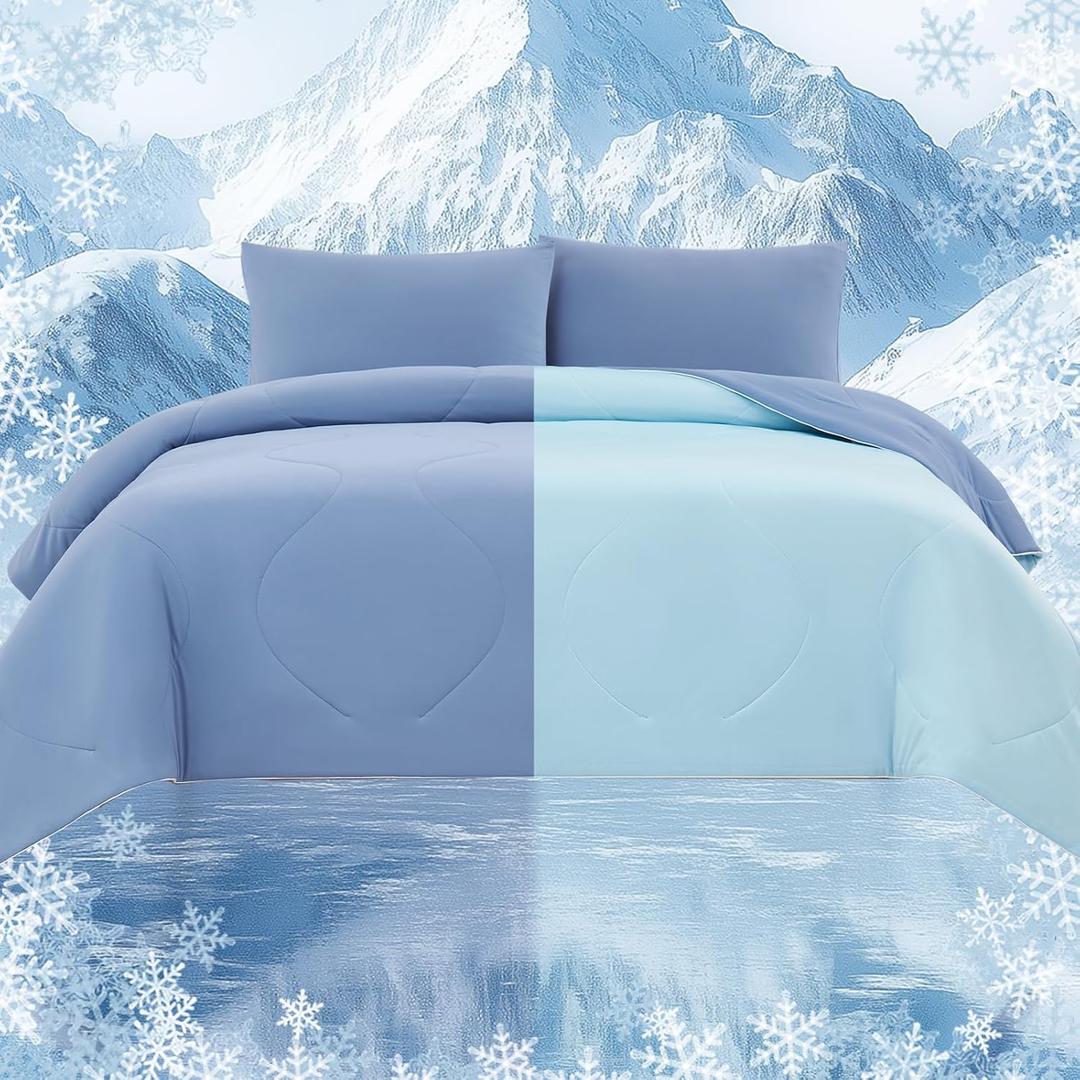 Cooling Comforter Set Queen- Blue Reversible Cooling Comforter Set with Sheets - Soft Breath Comforter 4pcs Set (Comforter+Fitted Sheets+2Pillowcases)