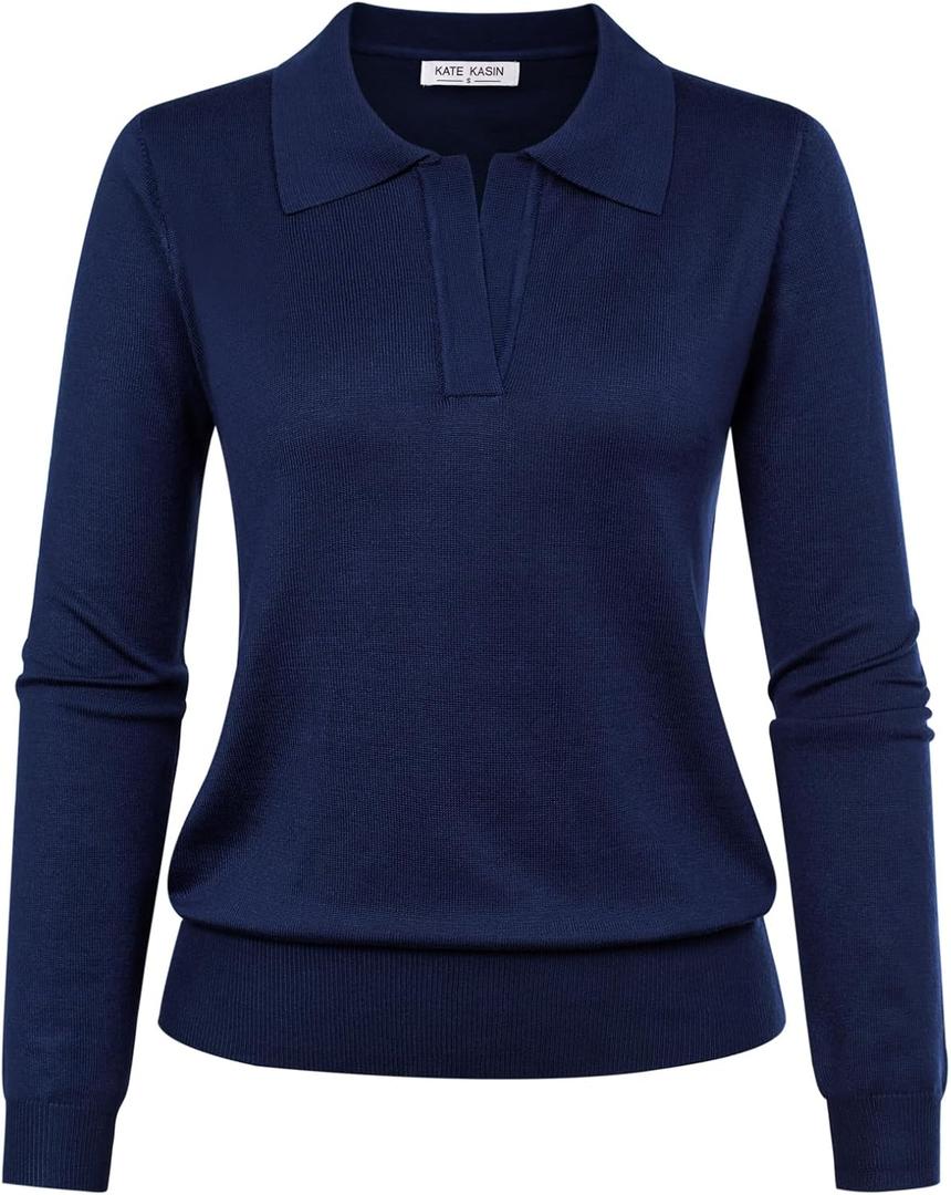Kate Kasin Women Long Sleeve Polo Sweater V Neck Knitted Tops Casual Ribbed Shirt Loose Pullover Sweater (XX-Large)