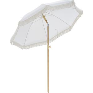 6.5FT Boho Patio Umberlla with Fringe,UPF50+ Outdoor Umbrella with Fiberglass Ribs and Push Button Tilt,Tassels Umbrella for Beach,Terrace,Picnic