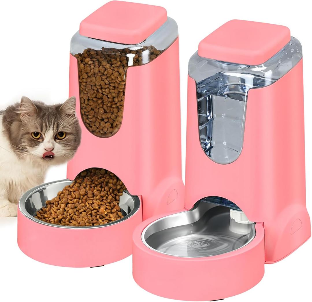 Automatic Cat Feeder and Water Dispenser with Stainless Steel Bowl Dog Gravity Food Feeder and Waterer for Small Medium Pets Puppy Kitten 1 Gallon x 2 (Pink3.8L*2)