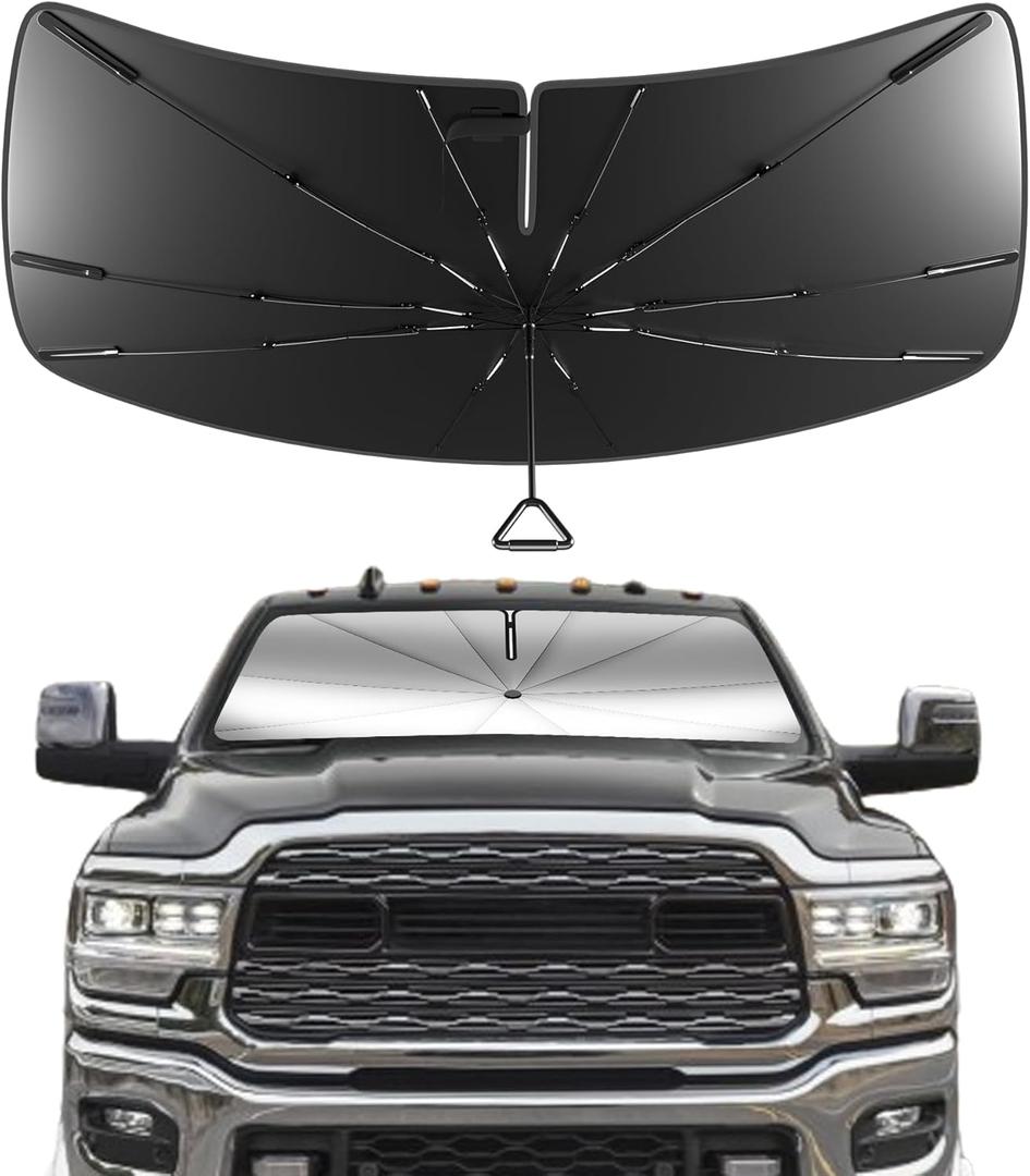 Windshield Sun Shade Umbrella for Dodge Ram 2500/3500 2019-2025 with 5 Inch Wide Sensor 2019-2025. Foldable Umbrella Sunshade with Silver Heat Shield to Keep Cool UDS