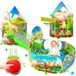 PigPigPen 3pc Dinosaur Play Tent for Kids with Big Roar Button, Baby Ball Pit, Crawl Tunnel, Castle Tents for Toddlers, Children Indoor & Outdoor Playhouse Toys, Perfect Kids Gifts