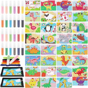 Tenceur Kids' Sand Art Kits Color Craft Sand Art Pictures Peel and Stick 12 Color Kit Painting Board Tray Brush Bottles for Kids Valentine's Day DIY Crafts Gifts (Animal World and Age of Dinosaurs)