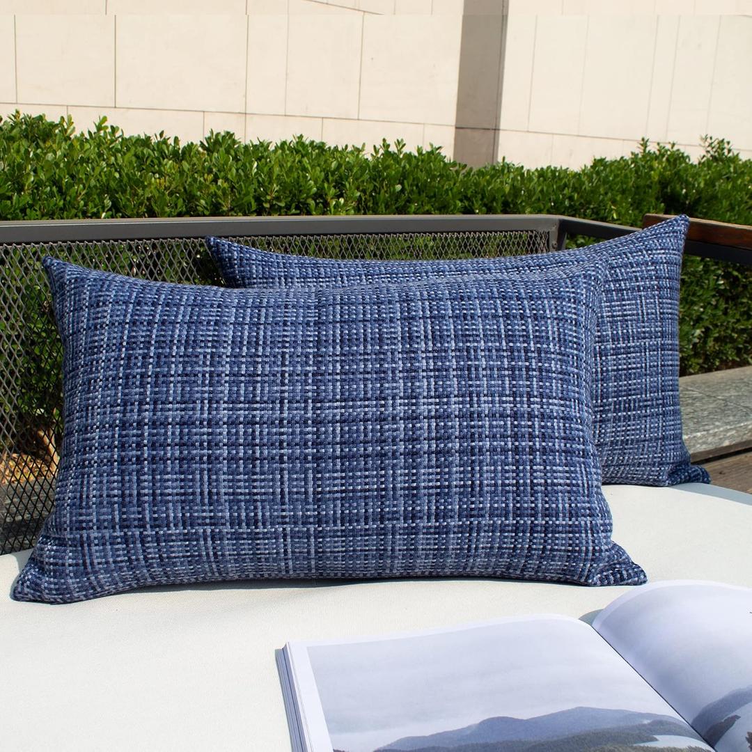 Kevin Textile Outdoor Waterproof Throw Pillow Covers 12x24 Inch Pack of 2 Woven Faux Linen Farmhouse Decorative Water Resistant Lumbar Cushion Covers for Tent Patio Garden Couch Sofa Navy Blue