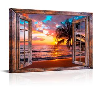 LyerArtork Window View of Hawaii Seascape Canvas Wall Art Tropical Palm Tree Picture Prints Sunset at Ocean Landscape Painting Nature Scenery Artwork for Bathroom Office Bedroom Decoration 24x36inch