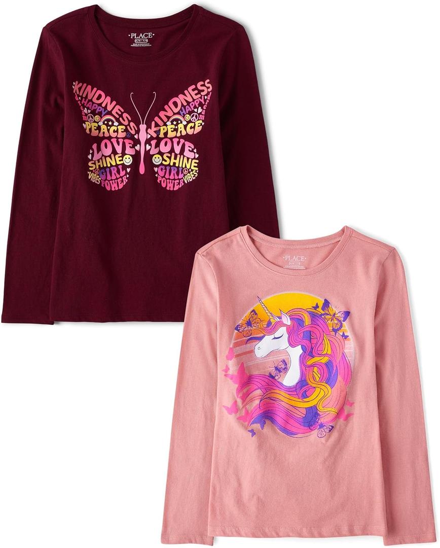 The Children's Place Girls' Unicorns,Sports,Butterflies Long Sleeve Graphic T-Shirts,2 Pack (Large)