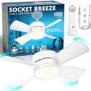 Bell+Howell Socket Breeze Socket Fan Light with Remote, Portable Small Ceiling Fans with Lights for Bedroom, Kitchen, Living Room, Ceiling Fan with Light 3500K, 1000 Lumens, Screws into E26/E27 (White)