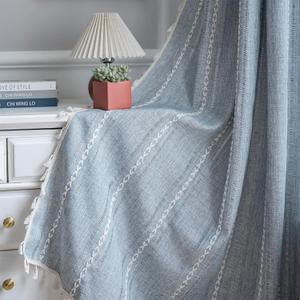 ColorBird Blue Boho Curtains Linen-Textured for Living Room Bedroom Light Filtering 2 Panels 63 Inch Farmhouse Embroidered Striped Curtains & Drapes for Dining Room Kitchen Window Treatments, 52"W x 63"L