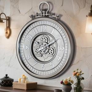 AYRELY 24IN Decorative Moving Gear Large Wall Clock, Oversized Industrial Steampunk Gears, Big Numerals Wall Clock for Modern Living Room Decor (Silver)