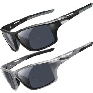 2 Pack Bifocal Reading Sunglasses Men Wrap Around Sports Sun Readers Outdoor Clear Top Soft Nose Pads PC Frame UV400 (Black+grey)