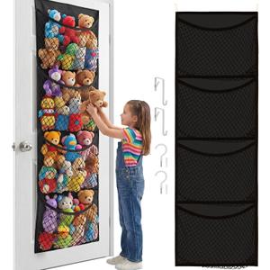 Ofiray-home Over The Door Stuffed Animal Storage, Cotton Toy Organizer for Storage Plush Toys, Stuffed Animal Holder with 4 Large Pockets, Hanging Door Organizer for Nursery, Bedroom (Black)