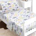 100 Cotton 3 Piece Toddler Sheet Set, Soft Breathable Crib Bedding Set for Boys Includes a Flat Sheet, a Fitted Sheet, a Pillowcase, Safari Fun Animals Elephant Giraffe Hippo Grey (Multicolor)
