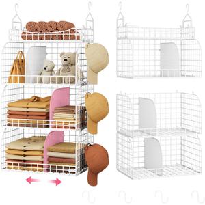 SWTYMIKI Hanging Closet Organizer Storage - 4 Tier Metal Stackable Hanging Closet Shelves with Dividers and S Hooks, Foldable Clothes Shelves for Clothes, Pants, Shoes, Coat, Hats Clutches Accessories (White)