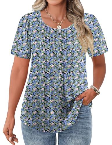 IN'VOLAND Plus Size Womens Tunic Tops Short Sleeve Crew Neck Pleated T Shirts Loose Dressy Casual Blouses 5X Floral Blue