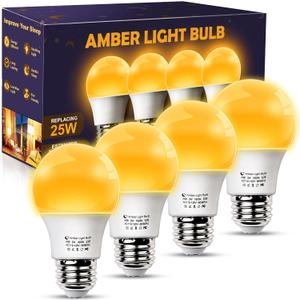 Amber Sleep Light Bulbs, Blue Light Blocking, A15 3W(25 Watt Equivalent) Dim Light Bulbs for Lamp, 1800K Warm Light Bulb, E26 for Healthy Sleep, Bedroom, Kids Room, 4 Pack