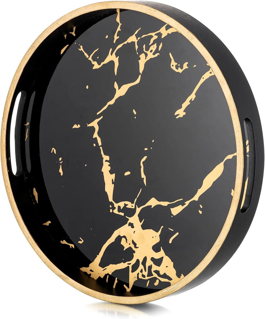 Hanobe Round Decorative Coffee Tray: Marble Black Serving Circle Tray with Handles Bar Table Trays for Living Room Drink Party Home Kitchen
