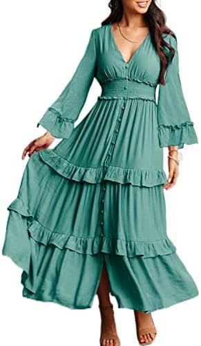 Amegoya Women's V Neck Long Sleeve Boho Maxi Dress Summer Wedding Guest Long Flowy Engagement Dresses M/L Amegoya Women's V Neck Long Sleeve Boho Maxi Dress Summer Wedding Guest Long Flowy Engagement Dresses M/L