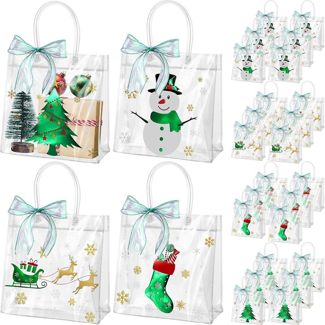 Henoyso 24 Pcs Christmas Clear Gift Bags Plastic Candy Treat Goodie Bags Red Foil Santa PVC Wrap Totes with Handles and Ribbon Xmas Party Favors (Green Christmas,7.8 x 7.8 x 3.1 Inch)